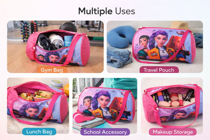 K POP  Demon Hunters  Printed Gym Bag for Girls | Stylish Cylindrical Duffel Bag with Adjustable Strap | Lightweight Travel & Sports Bag | Multi-Use Makeup, Lunch & Accessories Storage | 1 Pc