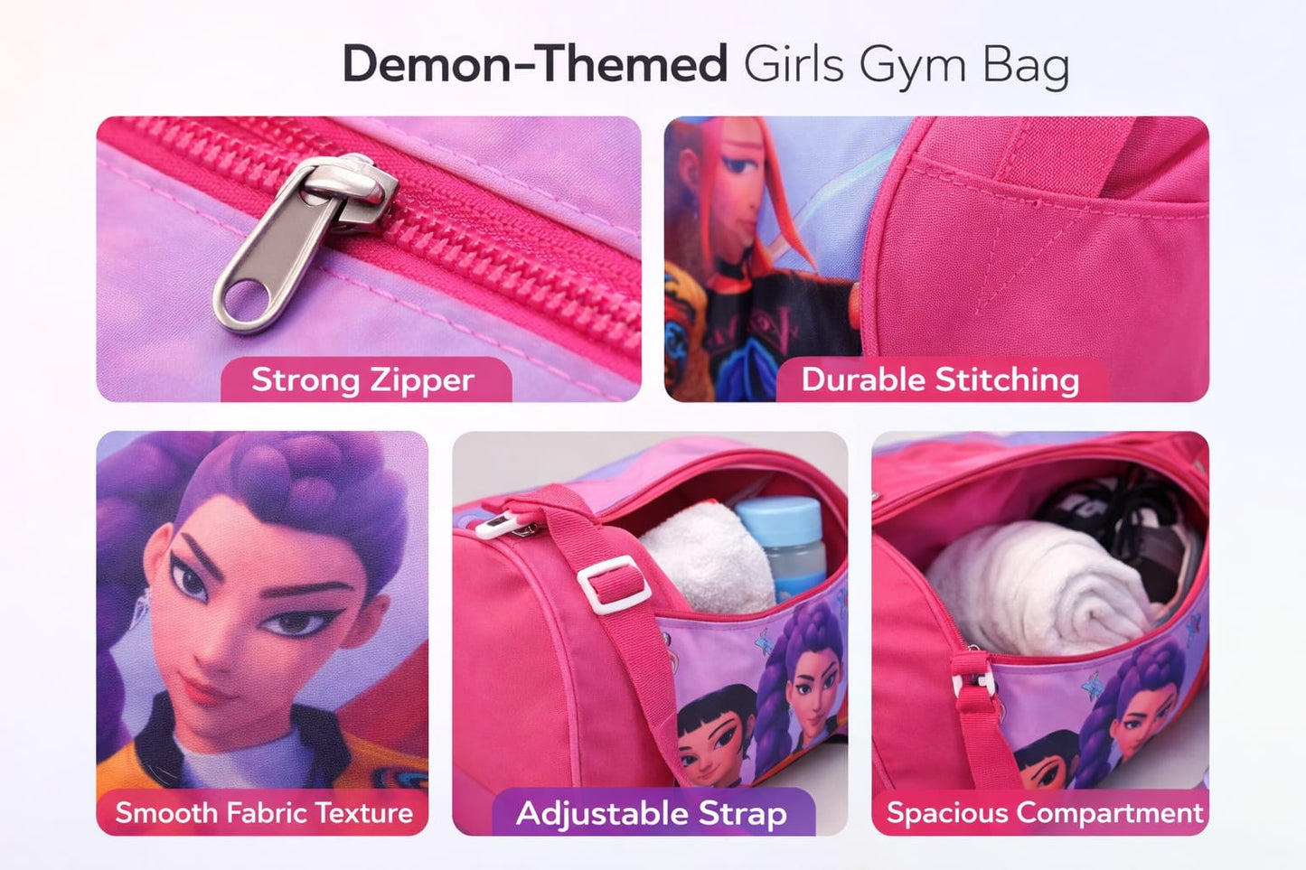 K POP  Demon Hunters  Printed Gym Bag for Girls | Stylish Cylindrical Duffel Bag with Adjustable Strap | Lightweight Travel & Sports Bag | Multi-Use Makeup, Lunch & Accessories Storage | 1 Pc