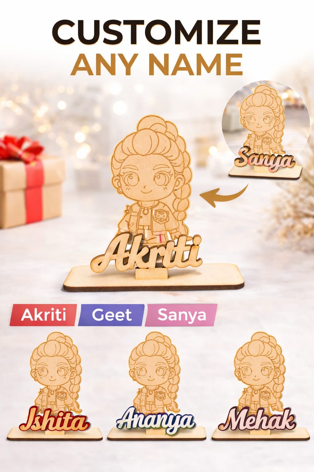 MDF Wooden Name Standee | Custom Name Desk Decor | Premium Laser Cut Name Plate | Cute Gift for Birthday, Study Table & Home Decor (15 cm)