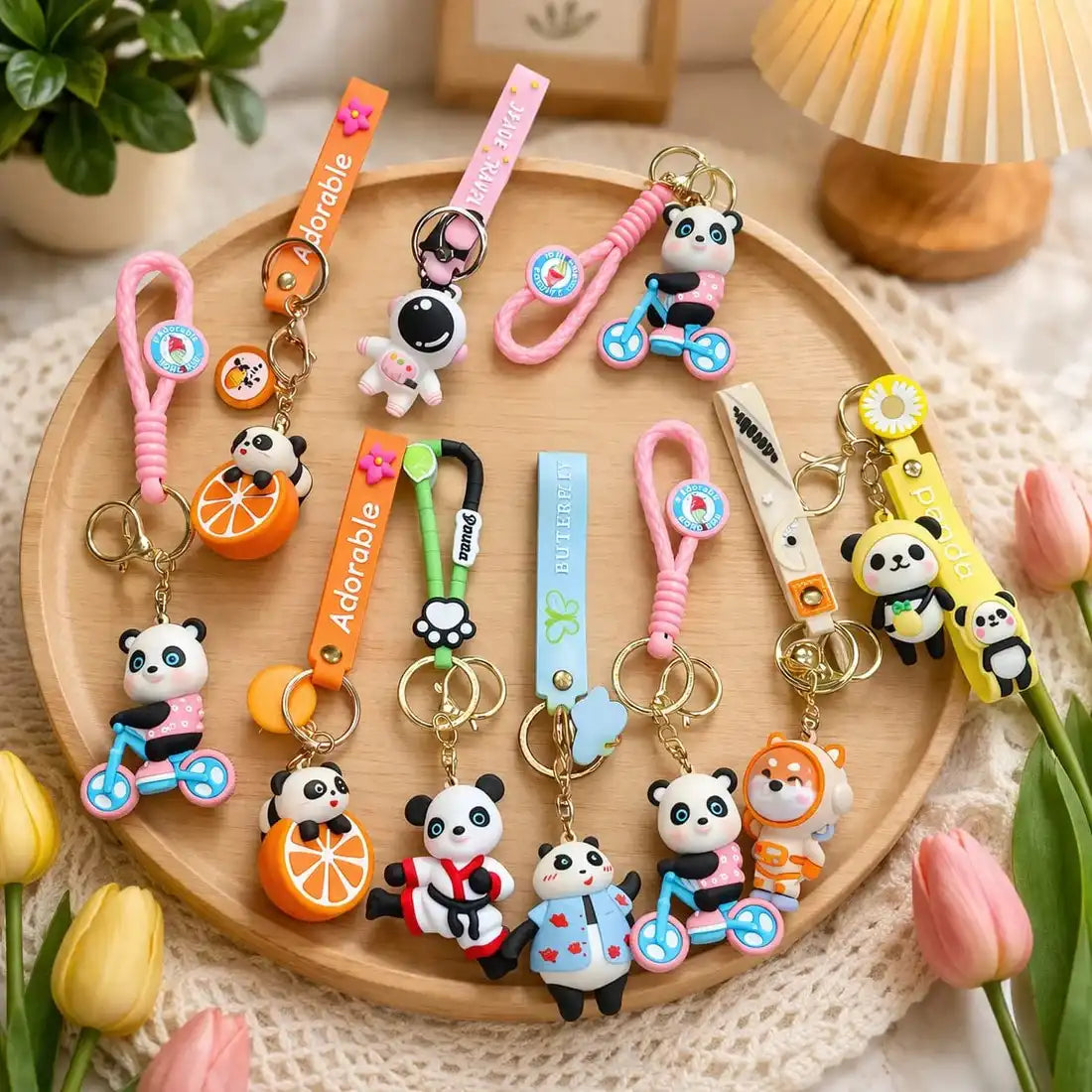 Cute Panda Keychain Set (10 PCS) – Kawaii Silicone Key Rings with Cartoon Charms | Adorable Bag Charm for Keys, Backpack & Gifts