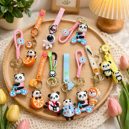 Cute Panda Keychain Set (10 PCS) – Kawaii Silicone Key Rings with Cartoon Charms | Adorable Bag Charm for Keys, Backpack & Gifts