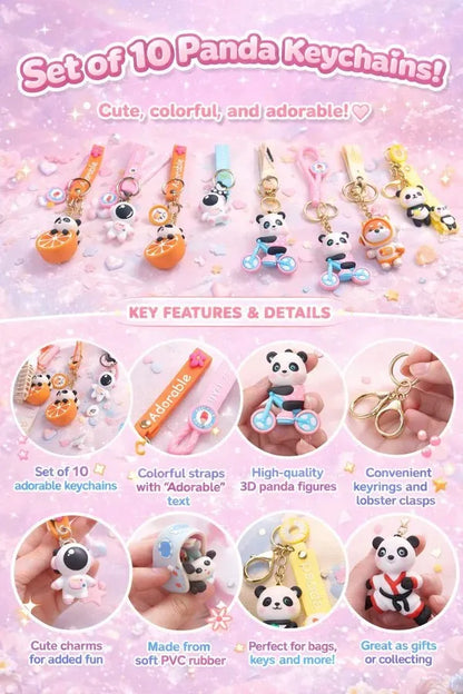 Cute Panda Keychain Set (10 PCS) – Kawaii Silicone Key Rings with Cartoon Charms | Adorable Bag Charm for Keys, Backpack & Gifts