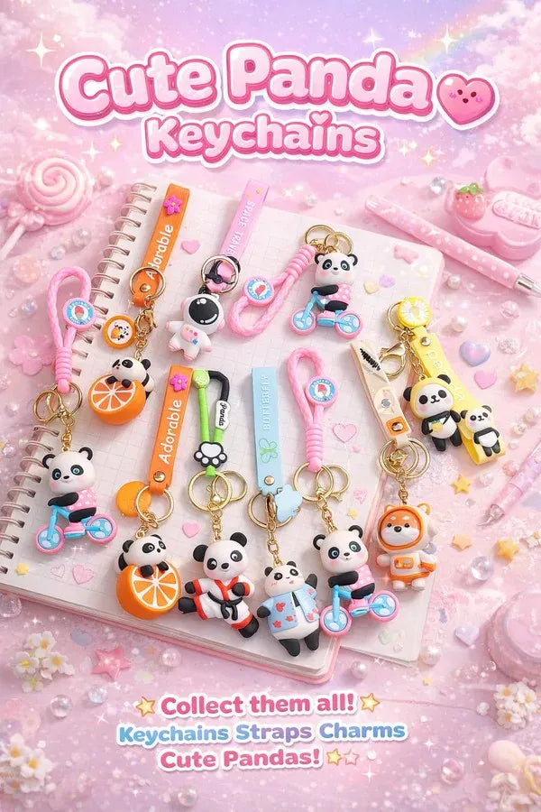 Cute Panda Keychain Set (10 PCS) – Kawaii Silicone Key Rings with Cartoon Charms | Adorable Bag Charm for Keys, Backpack & Gifts