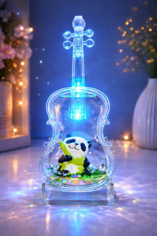 LED Light Up Glass Violin with Panda Figurine- Decorative Mini Violin Lamp with Color Changing Lights – Cute Animal Music Gift for Kids & Home Décor 16 cm