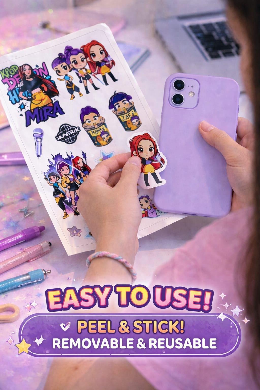 K-Pop Demon Hunters Stickers – 5 Sheets Cute Anime Kpop Girl Sticker Pack | Aesthetic Waterproof Stickers for Laptop, Phone, Journal, Scrapbook (50+ Stickers)