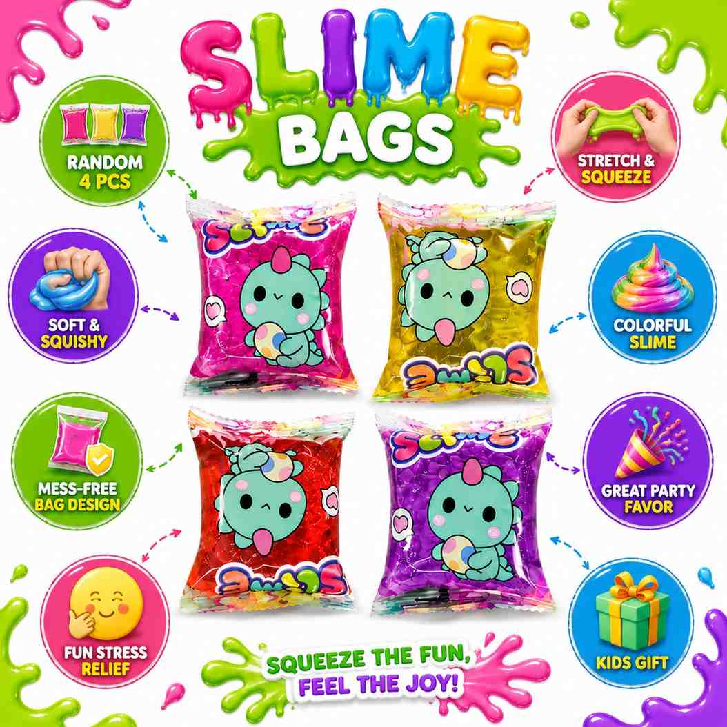 Slime Bags for Kids & Teens Random 4 PCS | Colorful Stretchy Squishy Slime Pack | Individually Packed Sensory Stress Relief Toy | Party Favor, Return Gift & Birthday Gift