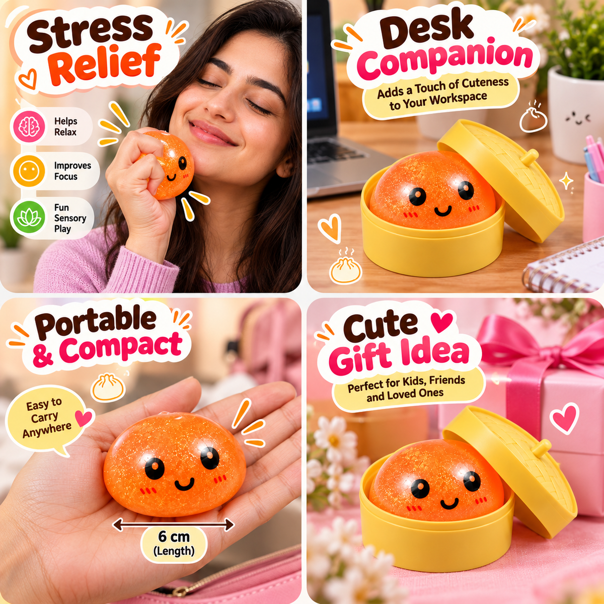 Momos Theme Squishy Toy – Cute Glittery Soft Squeeze & Sensory Fidget Toy with Yellow Steamer Box, Random Colour