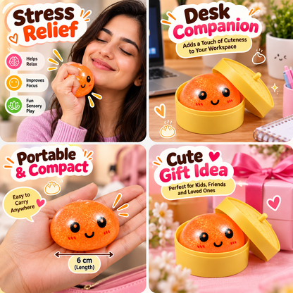 Momos Theme Squishy Toy – Cute Glittery Soft Squeeze & Sensory Fidget Toy with Yellow Steamer Box, Random Colour