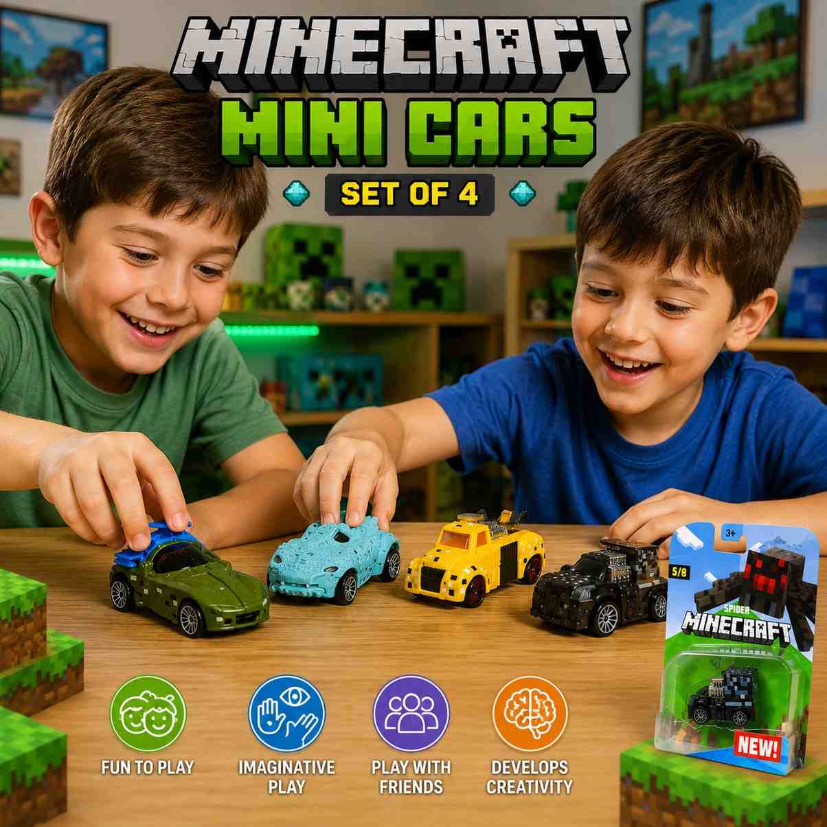 Minecraft Zombie Spider Ocelot Mini Cars Set of 4 Collectible Toy Vehicles for Kids | Zombie Car, Spider Car, Ocelot Blue & Ocelot Yellow