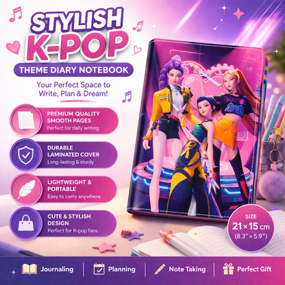 K Pop Demon Hunters Spiral Notebook A5 Size | Hard Cover Single Line Ruled Journal | Writing Diary for Students | School Office College Use | Birthday Gift (Pink)