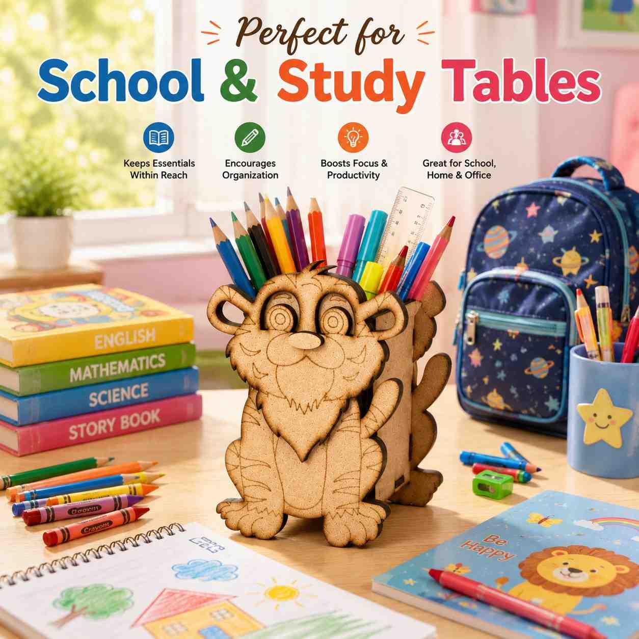 Tiger Wooden Pencil & Pen Holder | Premium MDF Desk Organizer | DIY Paintable Stationery Holder | 15.5 x 10 cm