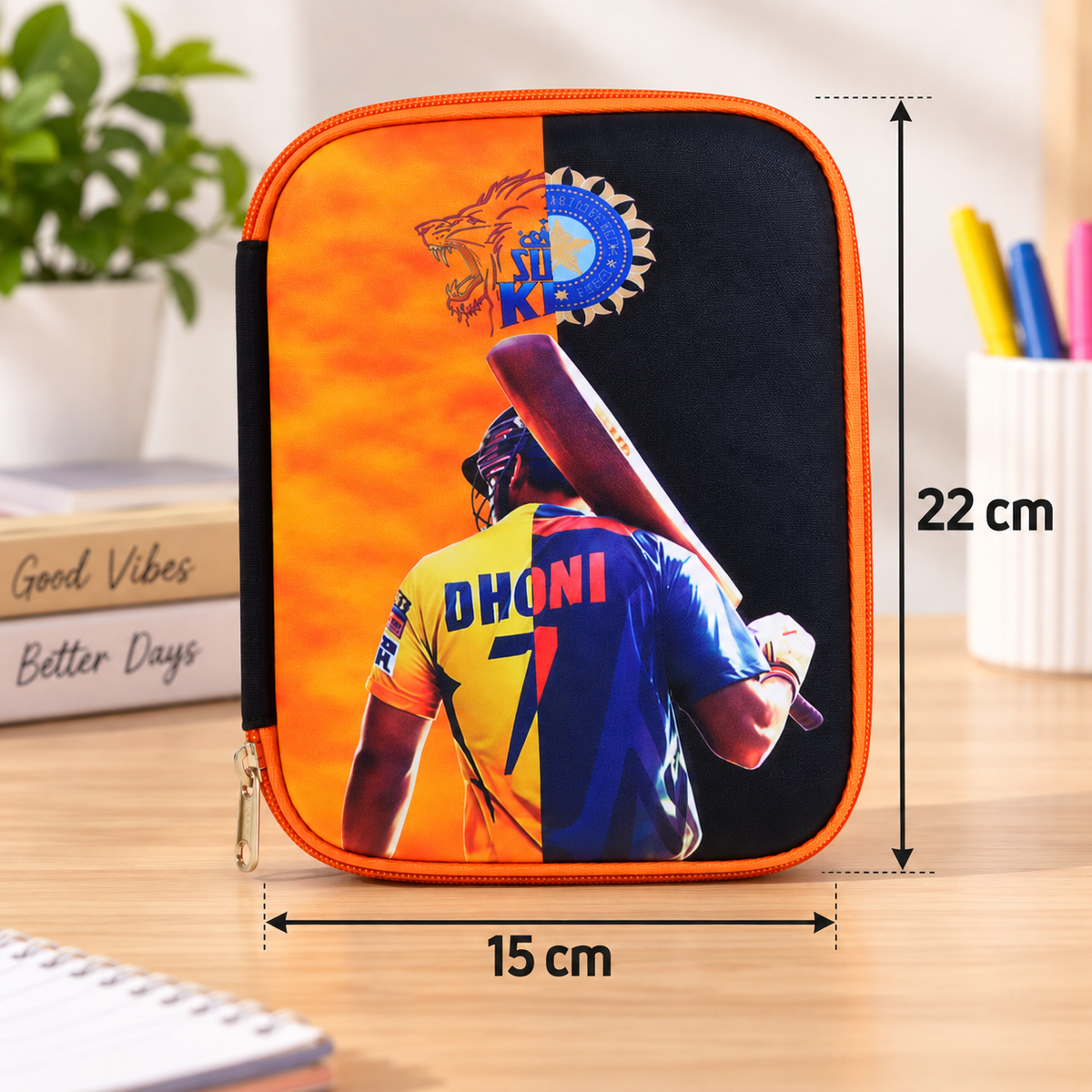 MS Dhoni Cricket Theme Pencil Pouch & Pencil Case | Dhoni 7 Cricket Stationery Organizer for Kids & Students | Sports School Pouch
