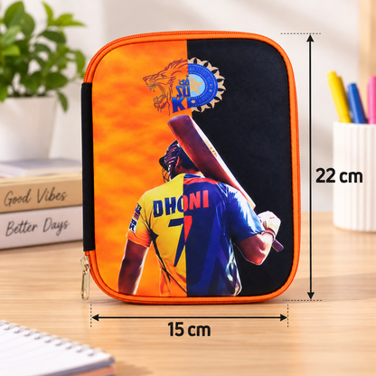 MS Dhoni Cricket Theme Pencil Pouch & Pencil Case | Dhoni 7 Cricket Stationery Organizer for Kids & Students | Sports School Pouch