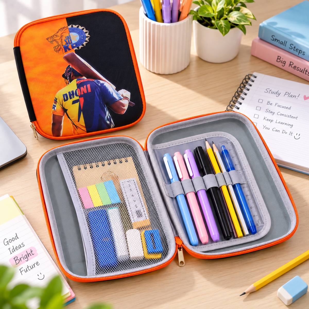 MS Dhoni Cricket Theme Pencil Pouch & Pencil Case | Dhoni 7 Cricket Stationery Organizer for Kids & Students | Sports School Pouch