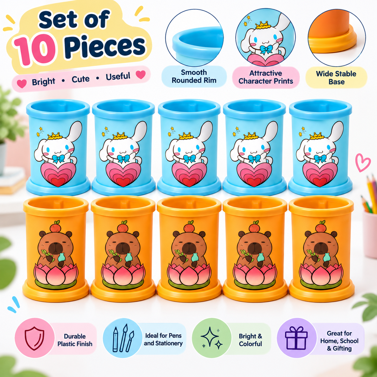 Cinnamoroll & Cute Bear Pen Stand Set of 10 Pieces, Colorful Plastic Pencil Holder & Desk Organizer for Kids, School & Stationery( Cod Not Available)