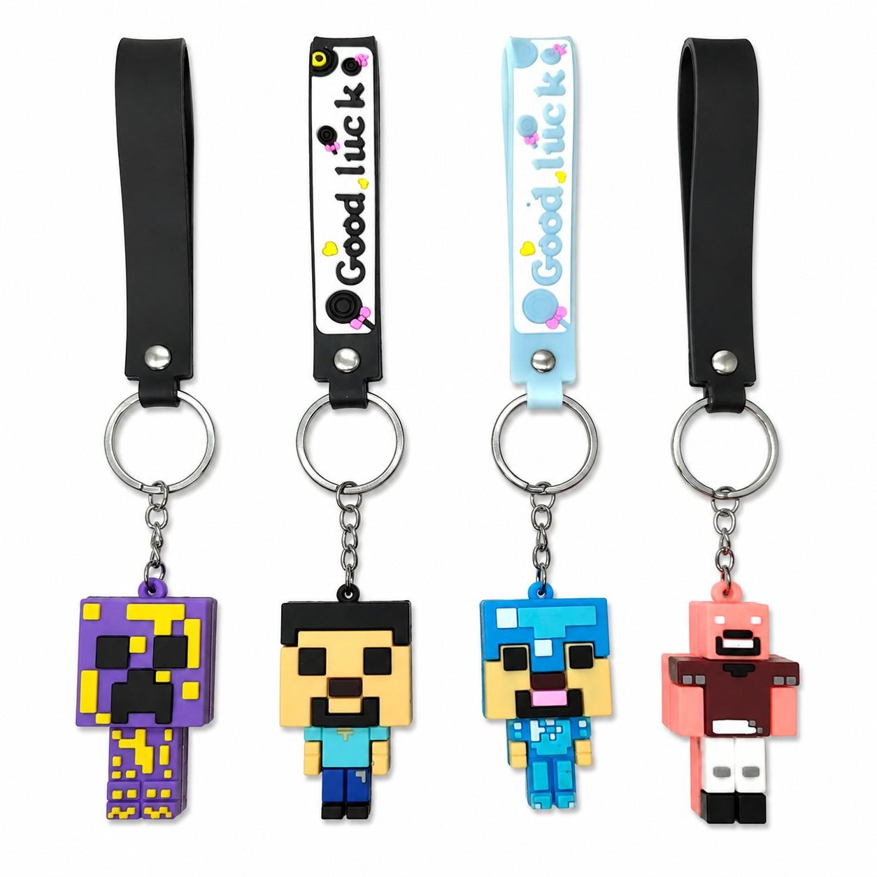Minecraft Silicone Wrist Keychain Set of 4 | Cute Pixel Character Keychains | Soft Silicone Wrist Strap | Durable Key Ring for Keys, Backpack & Gift
