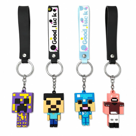 Minecraft Silicone Wrist Keychain Set of 4 | Cute Pixel Character Keychains | Soft Silicone Wrist Strap | Durable Key Ring for Keys, Backpack & Gift