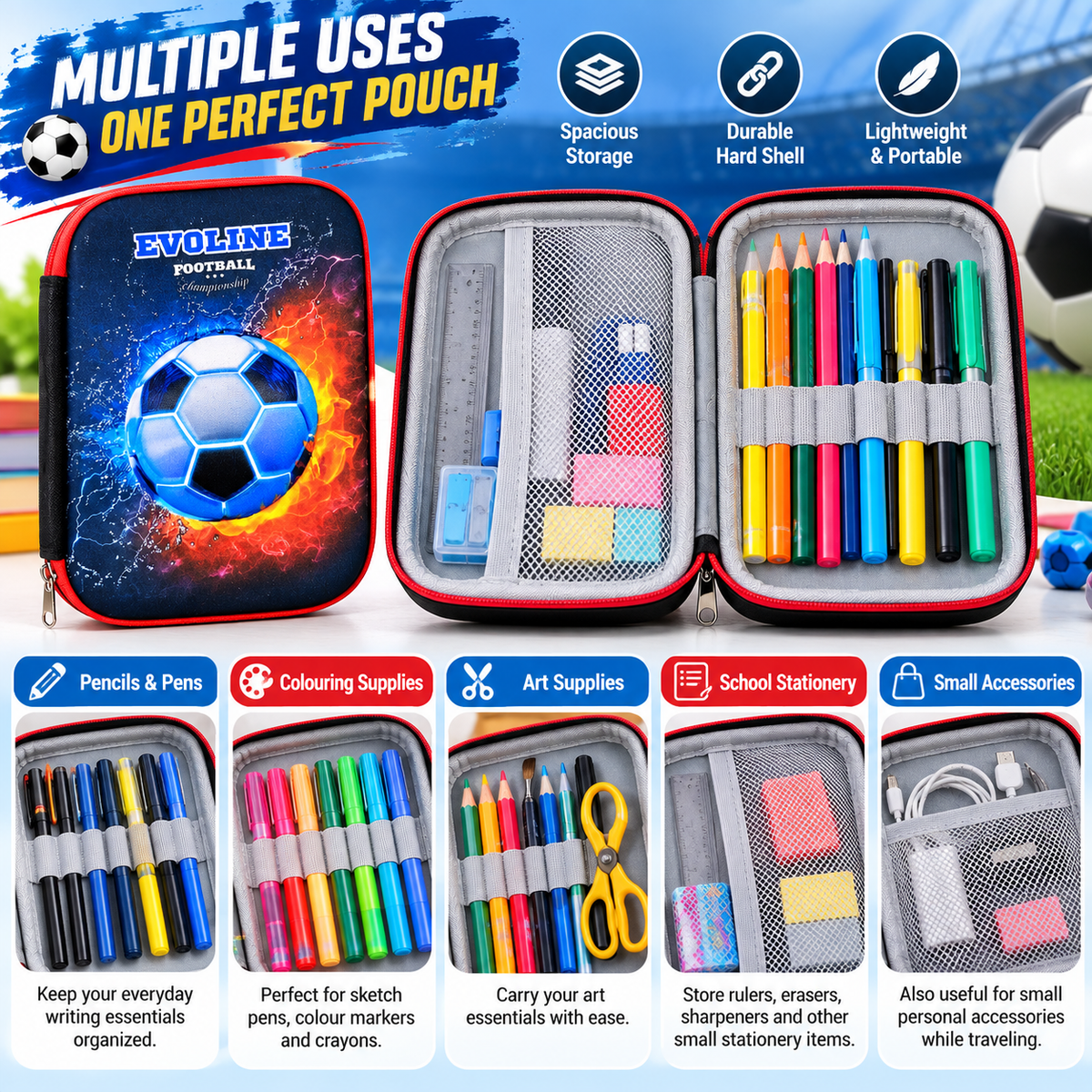 Football Theme Pencil Pouch for Kids | Hard Shell School Pencil Case with Mesh Pocket & Pen Holders