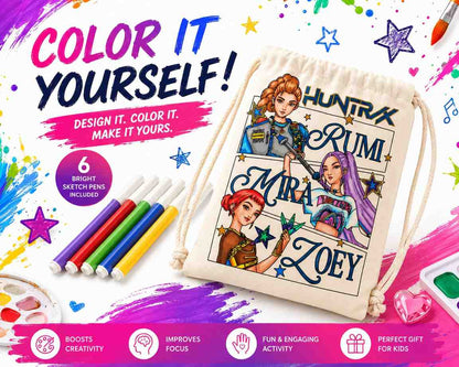 K-Pop Demon Hunters Coloring Dori Bag – DIY Canvas Drawstring Bag with 6 Color Sketch Pens