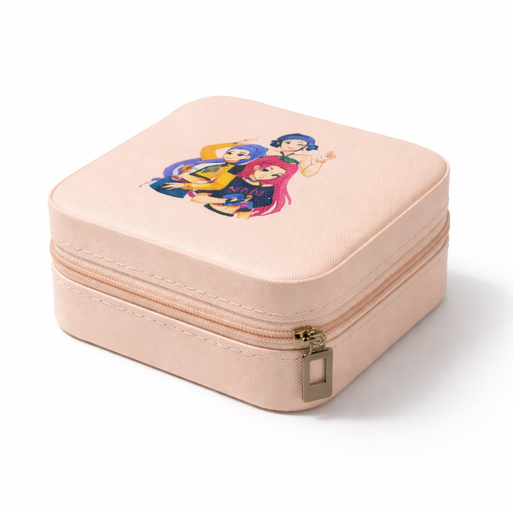 K-Pop Demon Hunters Style Jewelry Storage Box for Girls | Pink Cartoon Organizer Case | Portable Travel Jewelry Holder for Rings, Earrings & Accessories | Gift for Kids