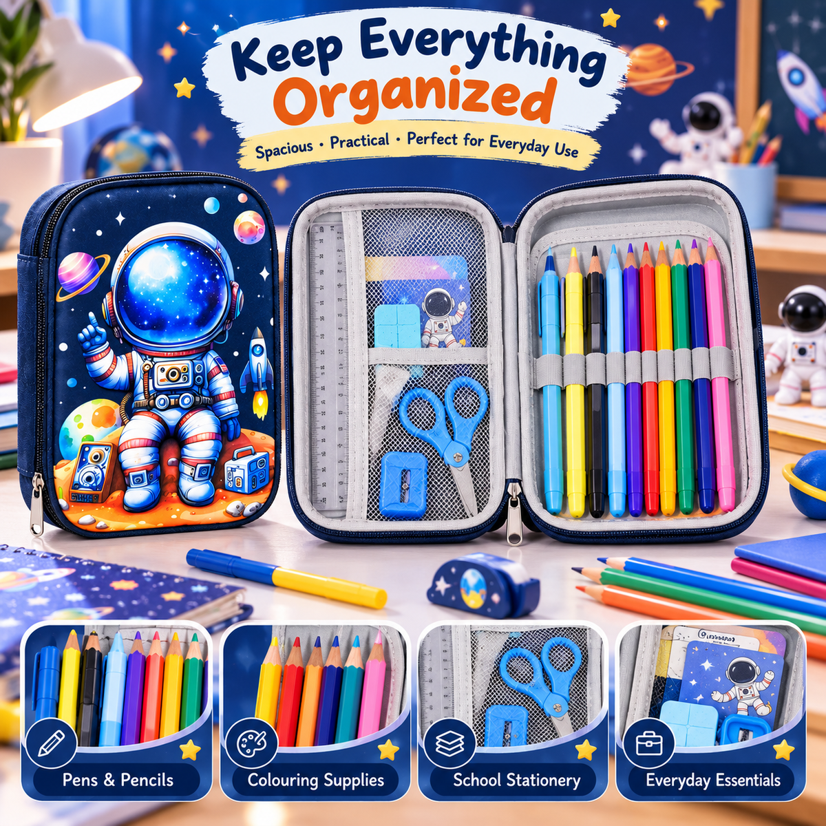 Astronaut Pencil Pouch for Kids | Space Theme Multi-Compartment Stationery Organizer