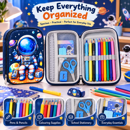 Astronaut Pencil Pouch for Kids | Space Theme Multi-Compartment Stationery Organizer
