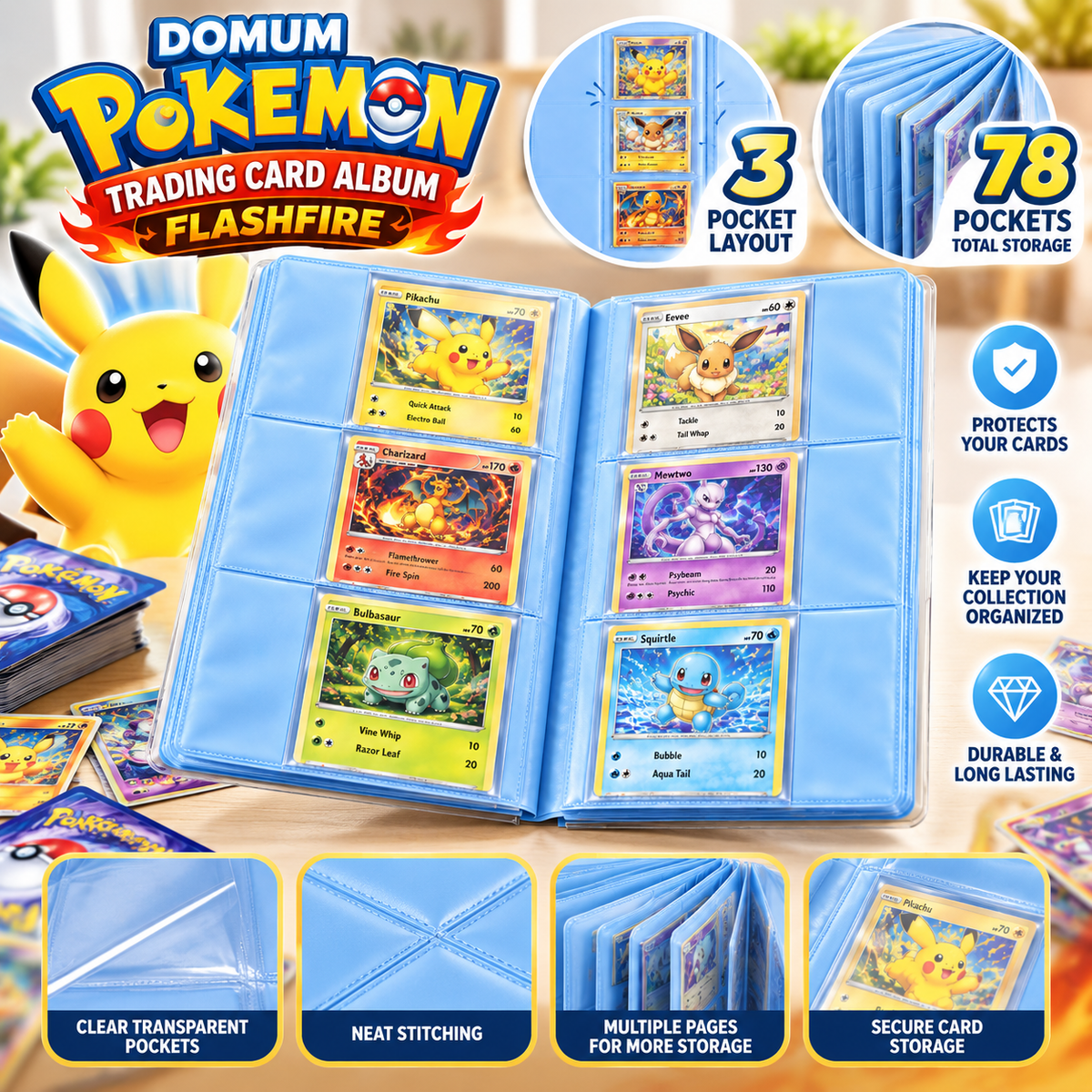 DOMUM Pokemon Trading Card Album FlashFire – 78 Pocket Trading Card Holder, 3 Pocket Layout, Multicolor