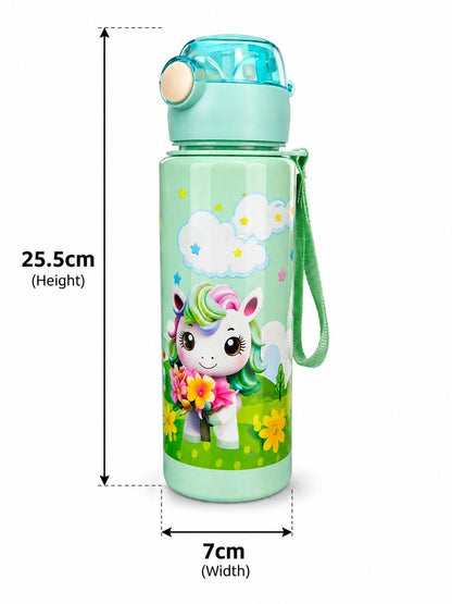 Unicorn Printed Water Bottle for Kids 1 Pc, Leakproof Flip Cap, BPA Free Plastic, Built-in Straw, Carry Strap, School Bottle for Kids Boys & Girls (500ml Approx)