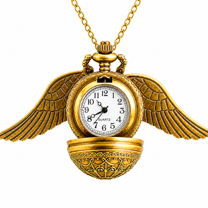 Harry Potter Golden Winged Pocket Watch Necklace with Long Chain – Vintage Quartz Pendant Watch for Men & Women
