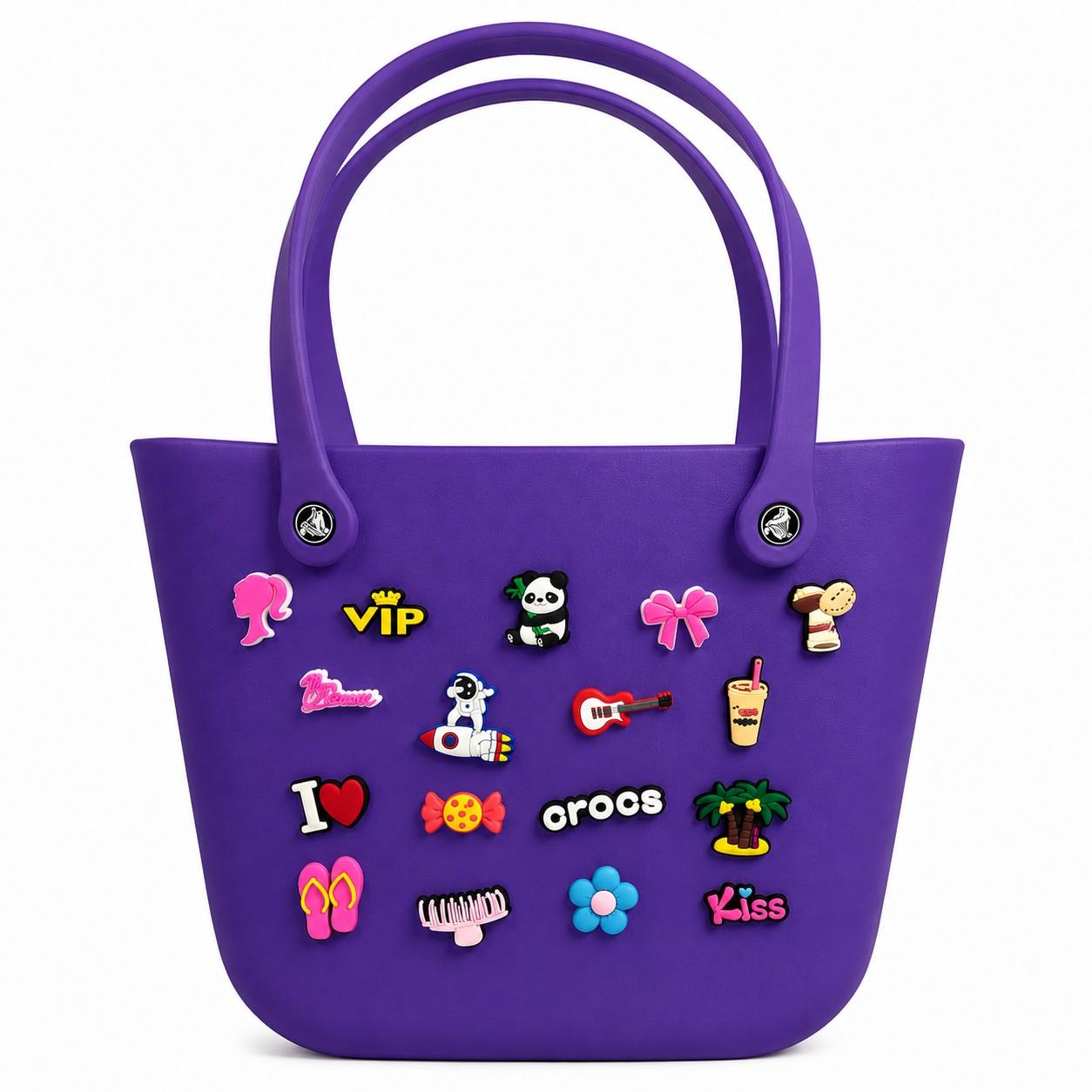 Silicone Croc Tote Bag with Decorative Charms for Girls & Women | Waterproof Lightweight Shoulder Handbag | 33 × 26 × 16 cm | Purple | Large