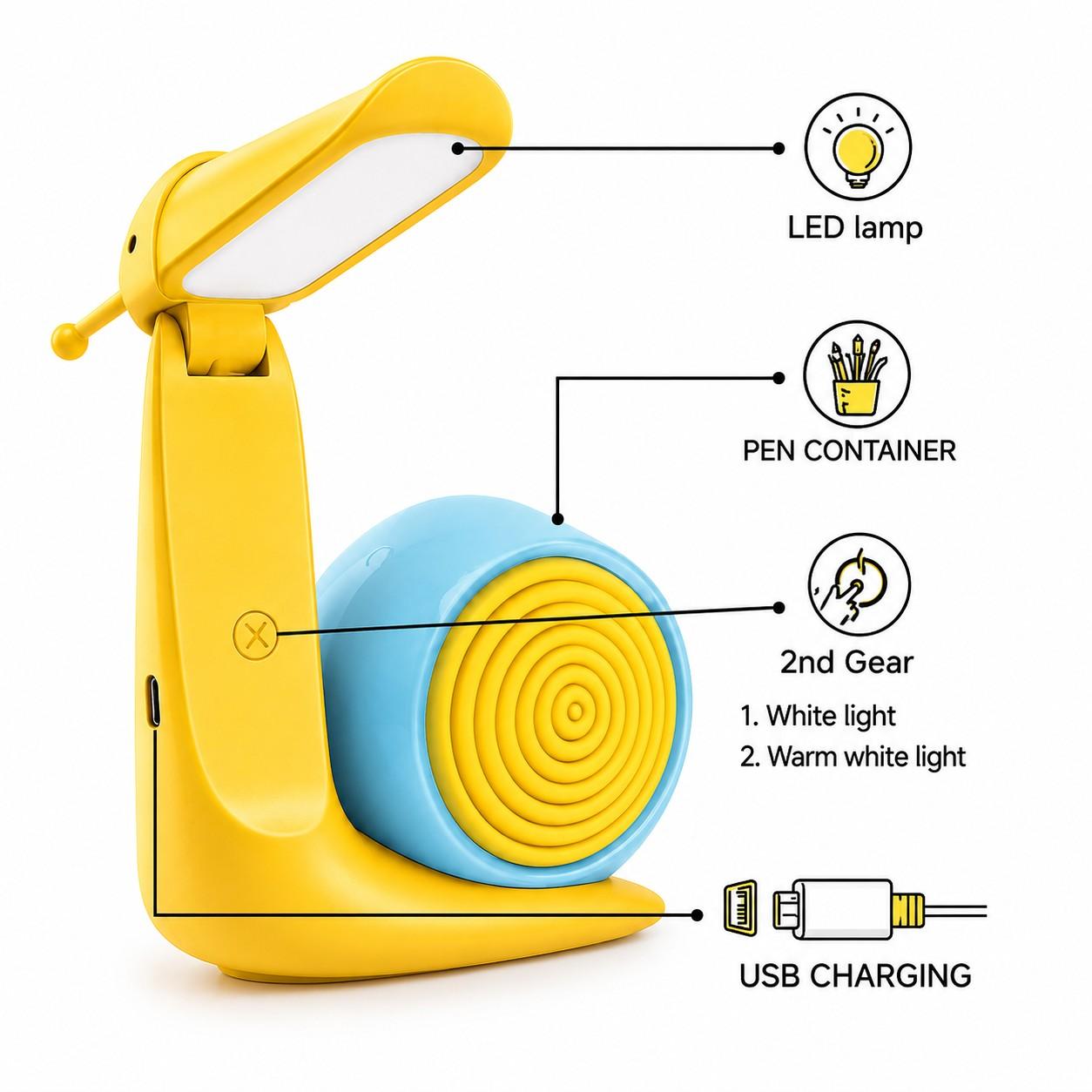 Snail LED Desk Lamp with Pen Holder | USB Rechargeable Foldable Study Lamp | 2 Light Modes | Cute Table Lamp for Boys & Girls(RANDOM 1PC)