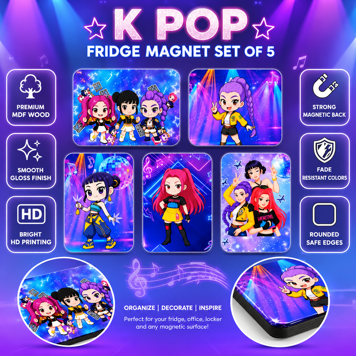 K POP Demon Hunters Fridge Magnets Set of 5, Cute Anime Girl Refrigerator Magnets- Decorative Kitchen, Locker & Office Magnet Set (5 x 2 Inches)