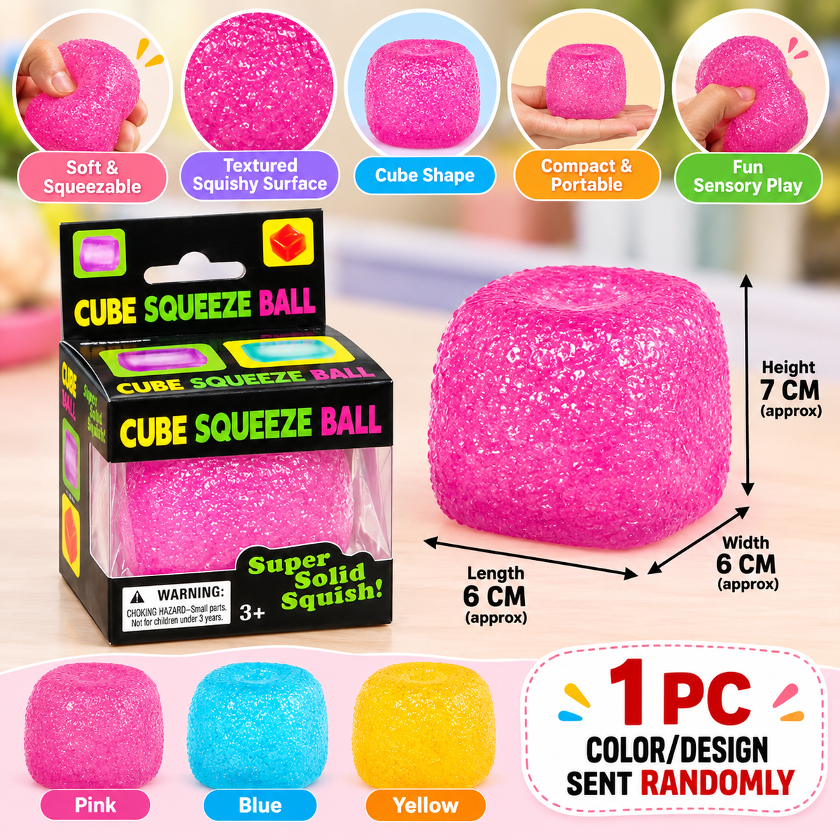 Cube Squeeze Ball Squishy – Soft Textured Sensory Fidget Toy for Kids & Adults | 1 Pc Random Color
