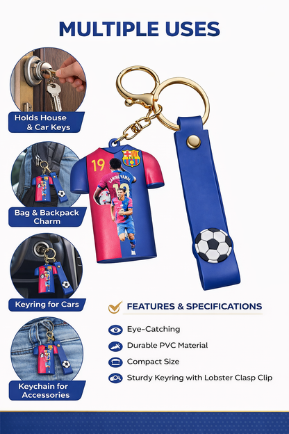 Football Jersey Keychain with Strap – No.19 Barceelona Style Mini Shirt Key Ring for Men, Boys & Football Fans | Premium Rubber Key Holder for Car, Bike & Bags (LAMINE YAMAL)