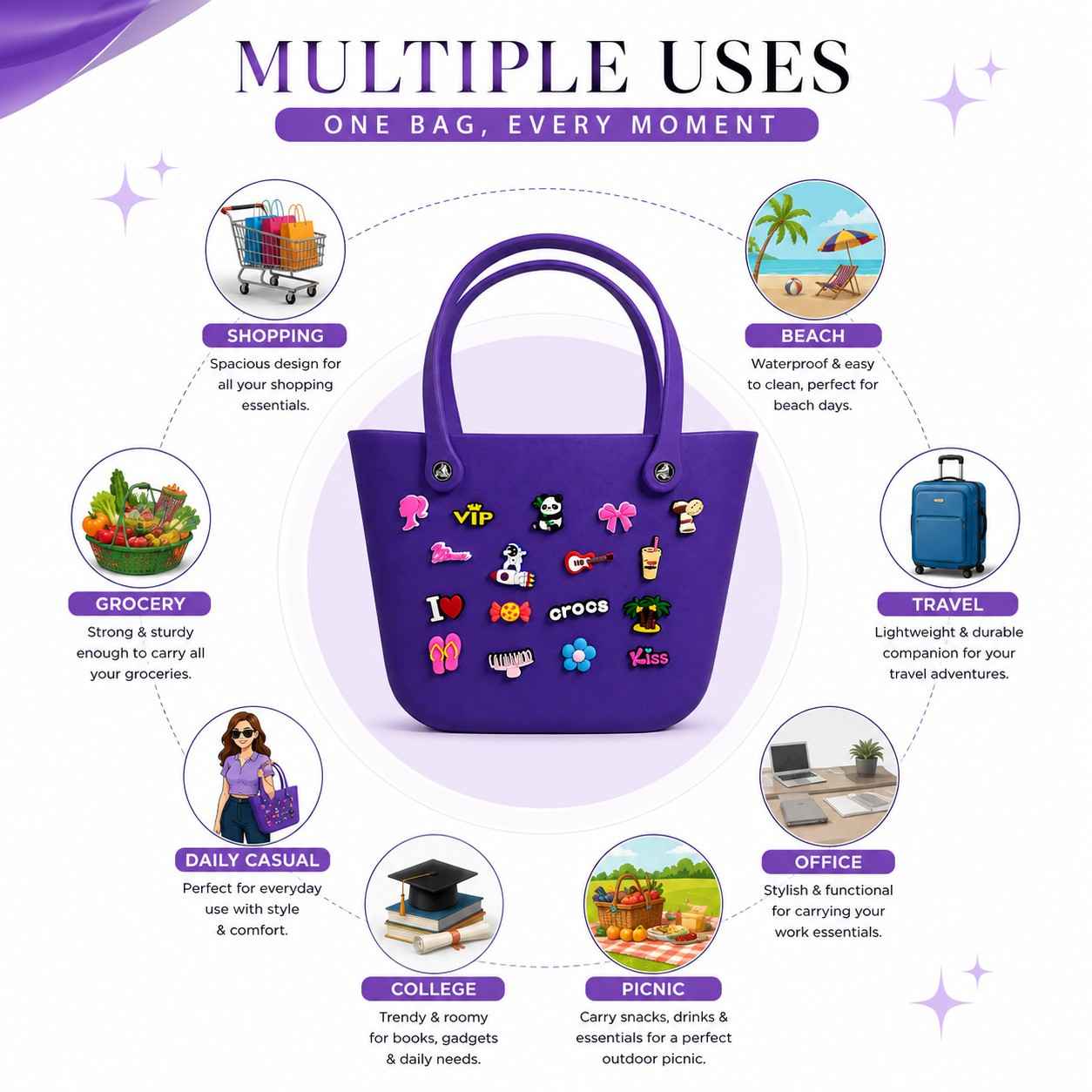Silicone Croc Tote Bag with Decorative Charms for Girls & Women | Waterproof Lightweight Shoulder Handbag | 33 × 26 × 16 cm | Purple | Large