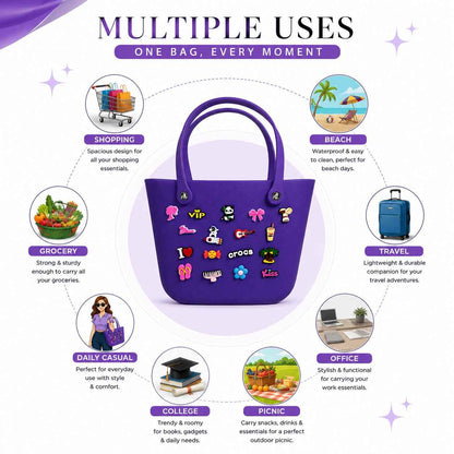 Silicone Croc Tote Bag with Decorative Charms for Girls & Women | Waterproof Lightweight Shoulder Handbag | 33 × 26 × 16 cm | Purple | Large