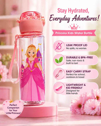 Water Bottle with Straw & Strap – Leak Proof BPA Free Cartoon Princess / Elsa Style Bottle (Random 1 PCS) for School & Trave