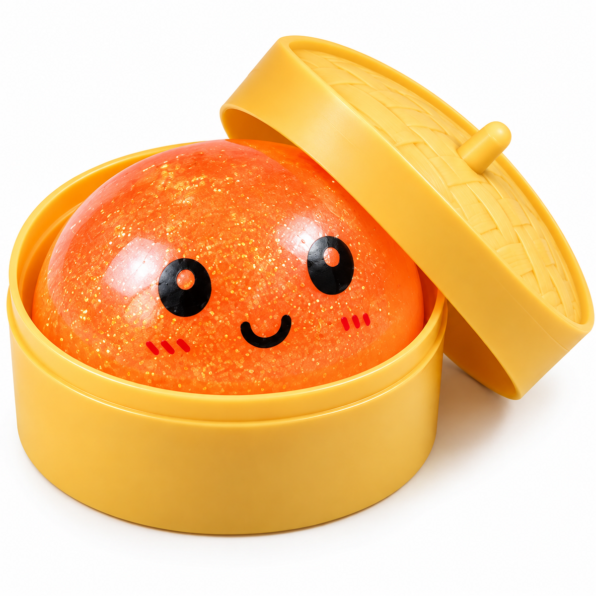 Momos Theme Squishy Toy – Cute Glittery Soft Squeeze & Sensory Fidget Toy with Yellow Steamer Box, Random Colour