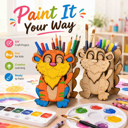 Tiger Wooden Pencil & Pen Holder | Premium MDF Desk Organizer | DIY Paintable Stationery Holder | 15.5 x 10 cm