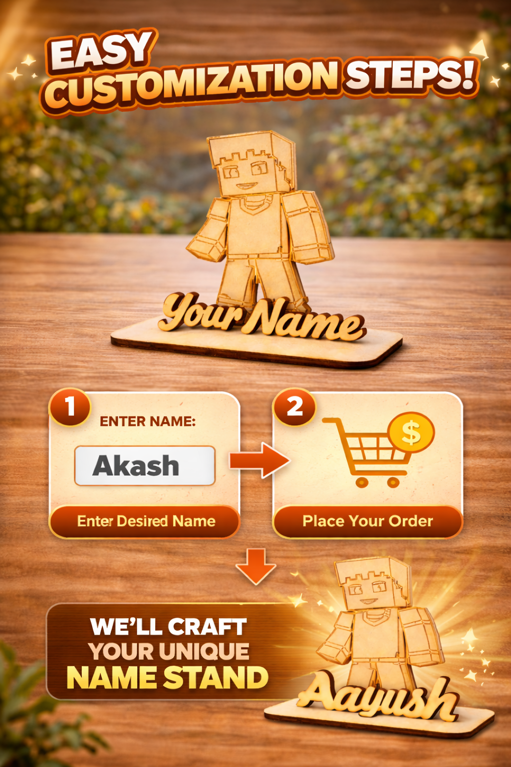 Custom Wooden Name Standy with Minecraft Character Design | Personalized Desk Decor | Unique Gift for Kids, Gamers & Home Decoration