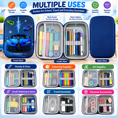 YANGY Sports Car Theme Pencil Pouch for Kids – Car Design Pencil Case & Stationery Organizer | 23 × 16 × 4.5 CM