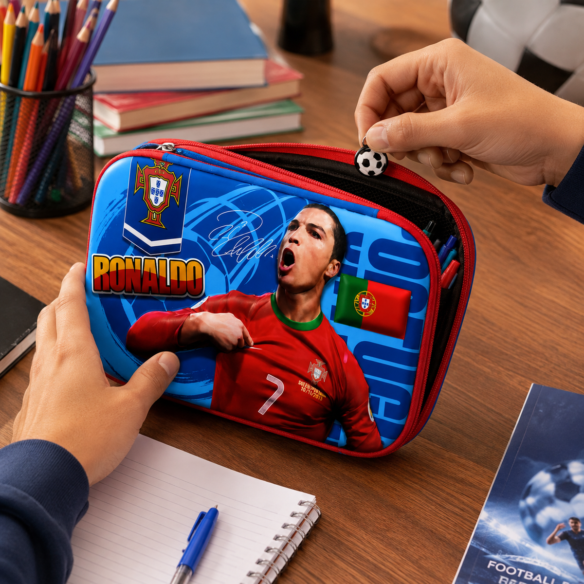Ronaldo Pencil Case with 2 Compartments, Pencil Pouch for Kids, Pencil Box for Boys School Supply Organizer for Students, Stationery Box, Cosmetic Zip Pouch Bag | Size 22x15 cm