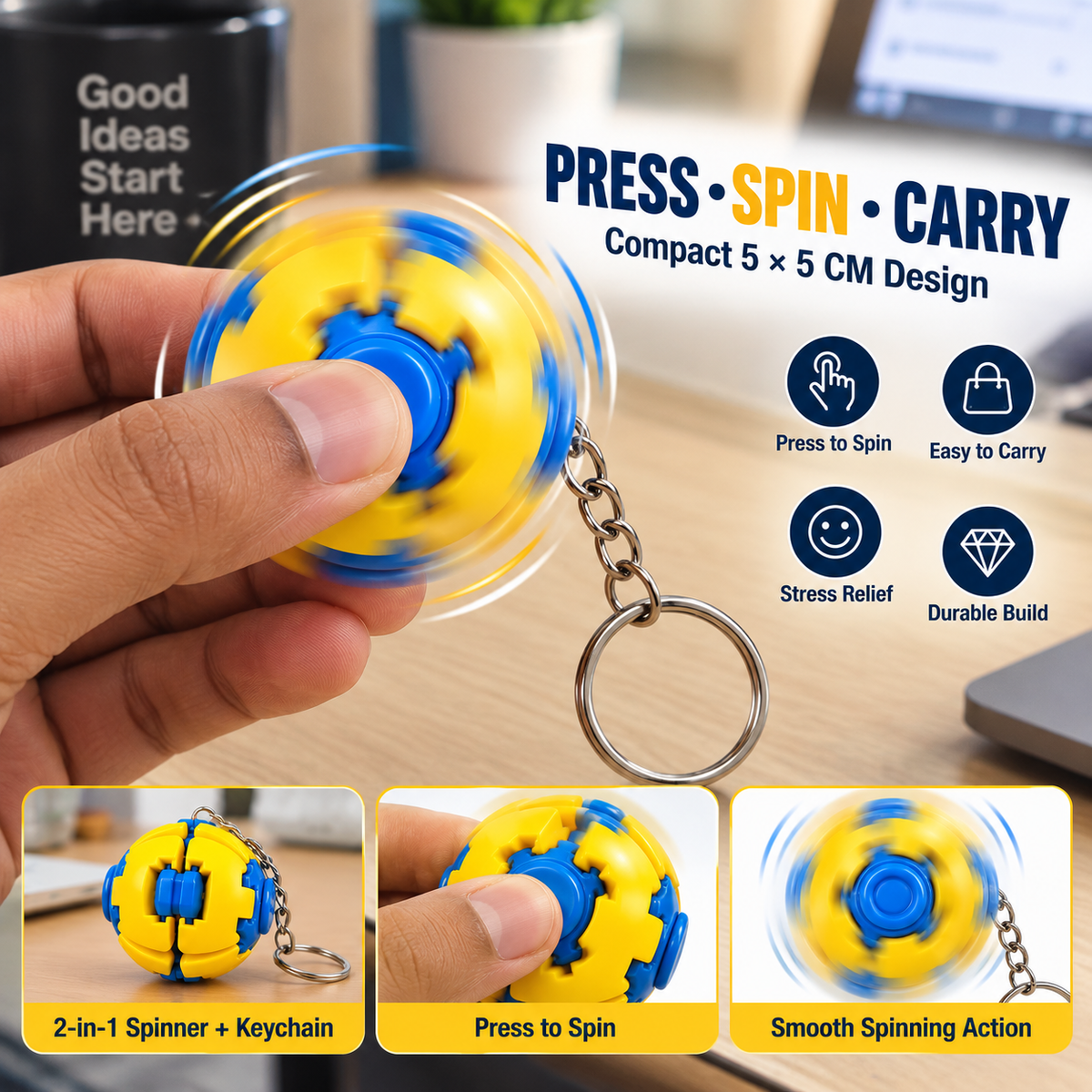2-in-1 Spinner Keychain – Yellow & Blue Press-to-Spin Pocket Toy (Random Colour 1 Pc)