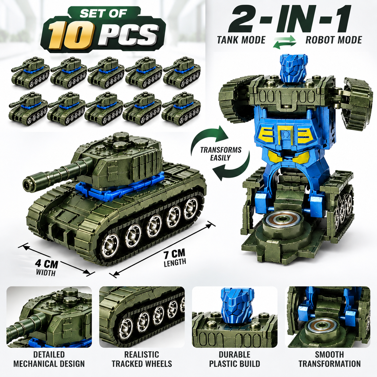 Transforming Tank Robot Toy Set of 10 for Boys & Girls | Plastic Rotating Toy | NO COD