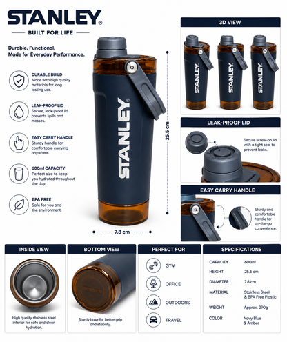 Stanley Water Bottle with Flip Lid, Removable Strainer & Foldable Carry Handle 600ml – Random Colour( Cod Not Available)