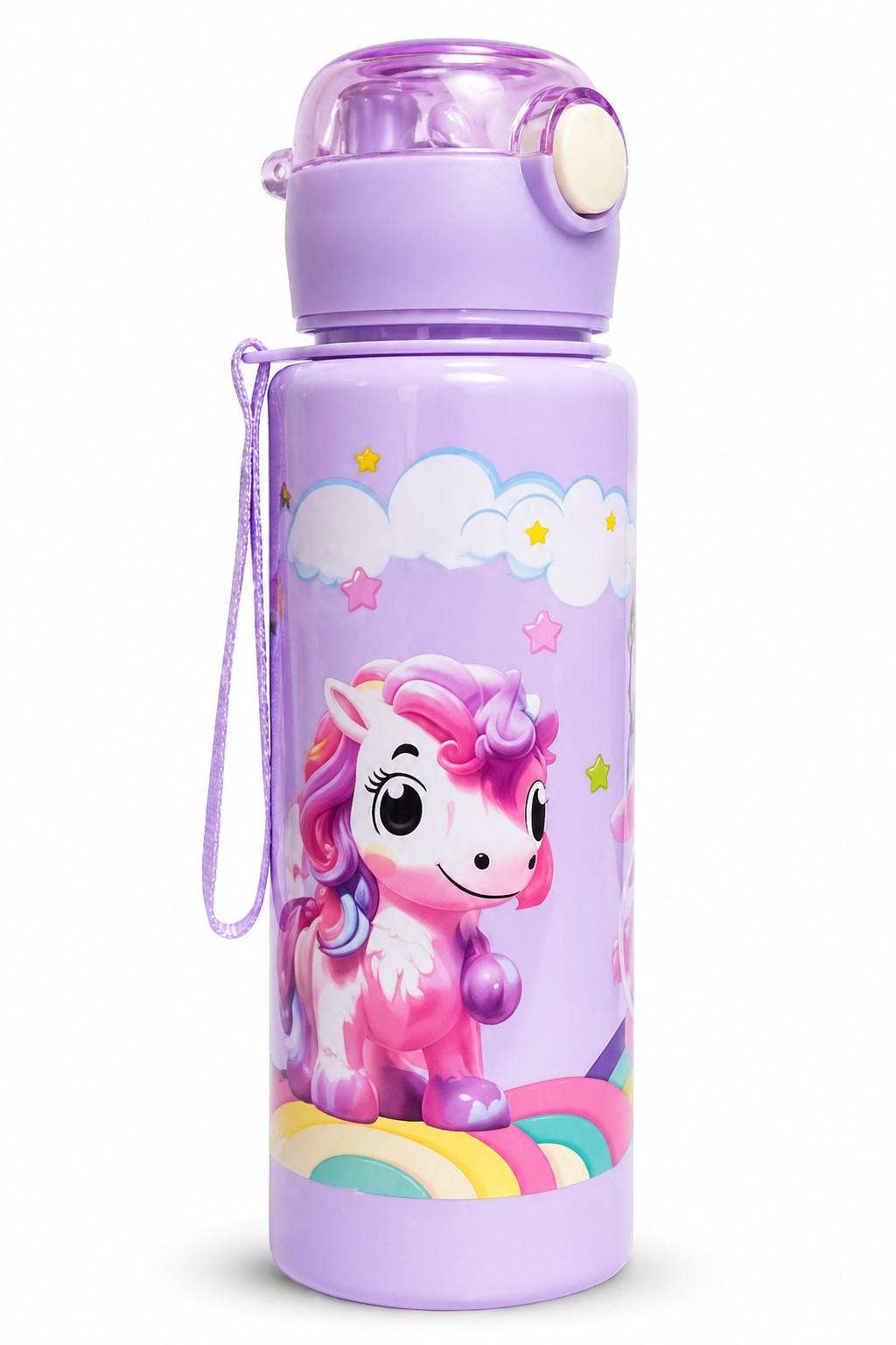 Unicorn Printed Water Bottle for Kids 1 Pc, Leakproof Flip Cap, BPA Free Plastic, Built-in Straw, Carry Strap, School Bottle for Kids Boys & Girls (500ml Approx)