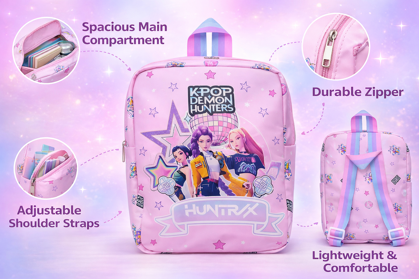 K POP Demon Hunters Kids Backpack for Girls | Cute Cartoon School Bag | Lightweight & Spacious | Adjustable Straps | Pink & Blue Designs | Ideal for School, Travel & Daily Use (Random 1 Pcs)