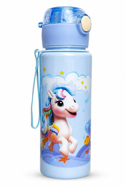 Unicorn Printed Water Bottle for Kids 1 Pc, Leakproof Flip Cap, BPA Free Plastic, Built-in Straw, Carry Strap, School Bottle for Kids Boys & Girls (500ml Approx)