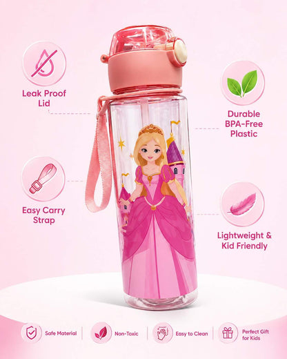 Water Bottle with Straw & Strap – Leak Proof BPA Free Cartoon Princess / Elsa Style Bottle (Random 1 PCS) for School & Trave