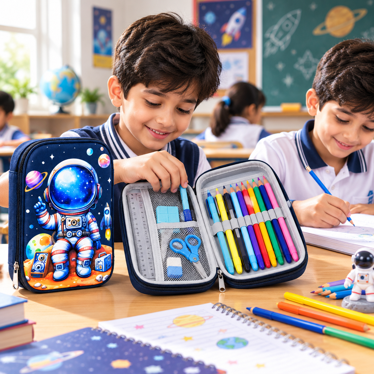 Astronaut Pencil Pouch for Kids | Space Theme Multi-Compartment Stationery Organizer